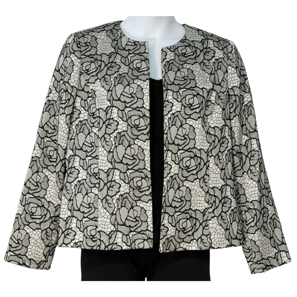 Kasper Sz 14 Dressy Open-Front Jacket Embroidered Roses Silver & Black Elegant